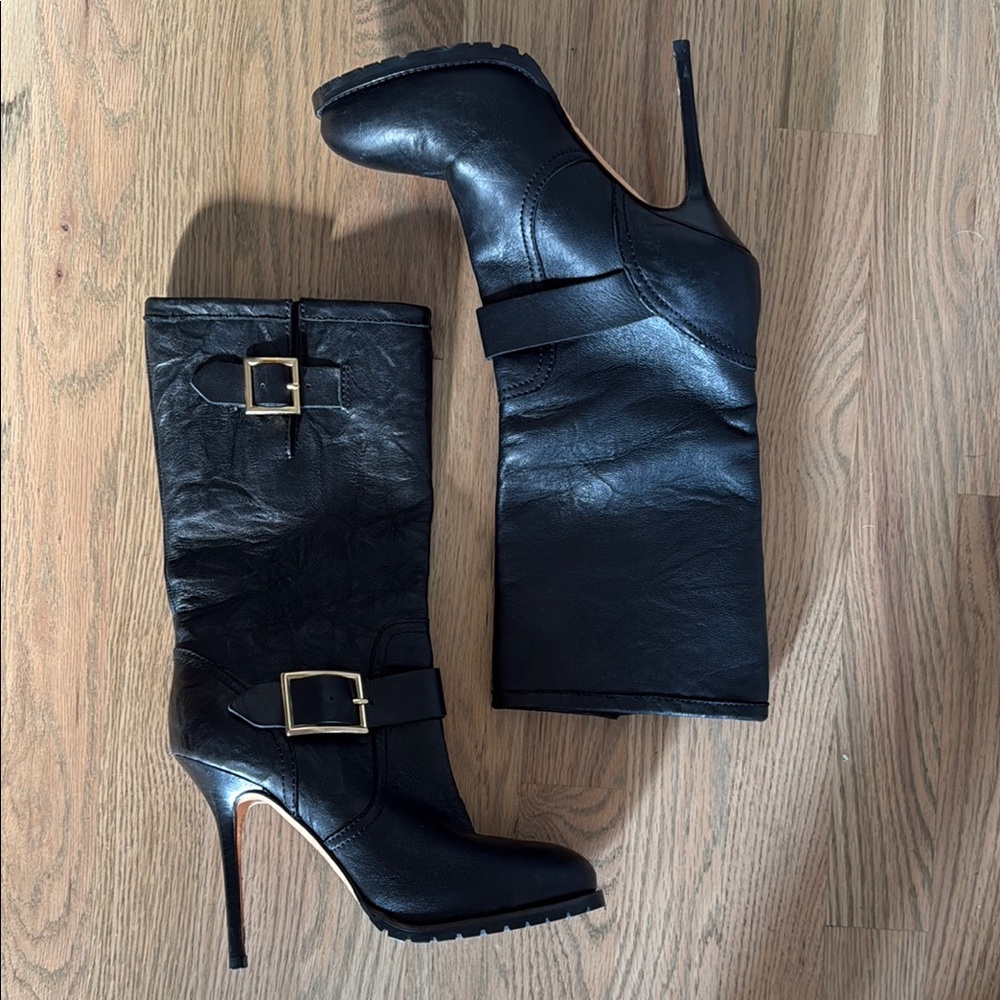 Jimmy Choo Black Leather Mid-Calf Stiletto Boots with Gold Buckle Accents